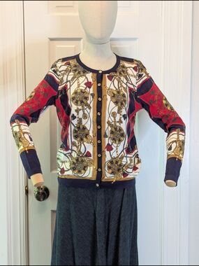 Talbots Chain And Tassel Navy, Red & White Button Cardigan